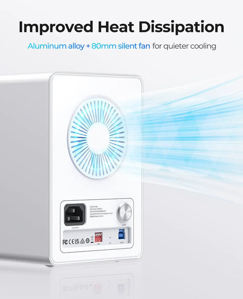 Dope 5 Bay RAID External Hard Drive Enclosure Supporting Up To 130TB Max Storage With Dedicated Hardware RAID Controller showing aluminum alloy design and 80mm silent fan.