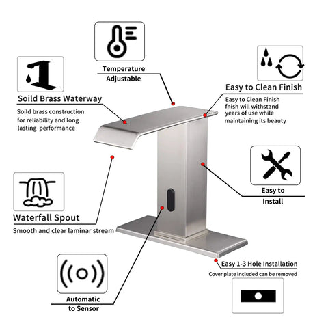 Diagram of Brushed Nickel Automatic Sensor Touchless Bathroom Sink Faucet With Drain Assembly Vanity Waterfall Hands Free Tap