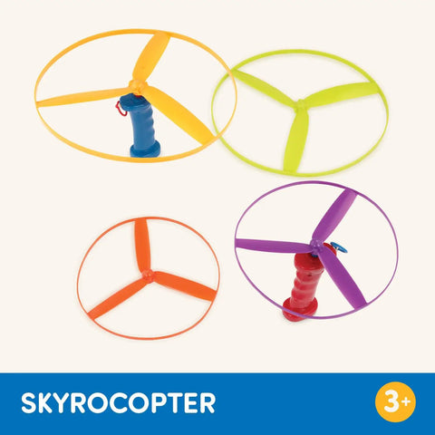 Skyrocopter Flying Disc Toy Set With Two Launchers And Four Discs For Outdoor Play This Helicopter Themed Summer Toy Thats Totally Easy To Use Just Pull The String For Takeoff Perfect For Kids Ages 3 Plus, showing colorful discs on a neutral background