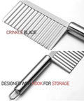 Front and side views of stainless steel crinkle-blade kitchen knife with storage hook.