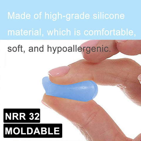 Hand holding blue moldable silicone ear plug, comfortable soft design, Moldable Silicone Ear Plugs For Sleeping And Travel, 32 dB NRR
