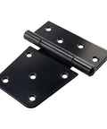 Close-up of a 3.5 inch shed hinge, square black design, heavy-duty iron construction, for barn door, gate, shed application with installation holes.