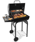 Barrel Charcoal Grill With Side Table, Premium Spacious Outdoor BBQ Cooker For Patio, Backyard, Camping, Picnics And Tailgating Parties, Easy Mobility With Two Wheel Design For Effortless Grilling On The Go featuring open grill with various foods
