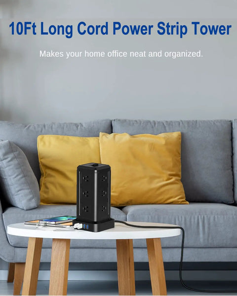 12 Outlet Surge Protector Power Strip With 4 USB Ports And A 10 Foot Cord, Fireproof Overload Protection on coffee table in living room