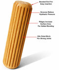 Close-up of a single fluted dowel pin with grooves and beveled end, labeled for birch material and bonding features. Birch Dowel Pins 1/4 In x 1-1/8 In 200-Pack Fluted And Ribbed For Clean Joints High-Strength Wood Dowels For DIYers And Pros Joinery, Furniture Building, Shelving, Cabinet Frames And Chair Repairs.