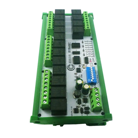 16 Channel PLC Relay Module 12V 24V With Modbus RTU RS485 HMI IO Expansion Board in green casing for DIN rail