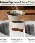 Stainless Steel 100ml Espresso Cup With Wooden Handle Wide Mouth Pour Spout V Shaped Nozzle Includes Latte Needle Great For Americano Cappuccino Latte Espresso Shots And Top Notch Measuring Cup Scale.