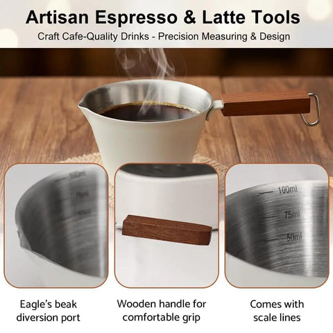 Stainless Steel 100ml Espresso Cup With Wooden Handle Wide Mouth Pour Spout V Shaped Nozzle Includes Latte Needle Great For Americano Cappuccino Latte Espresso Shots And Top Notch Measuring Cup Scale.