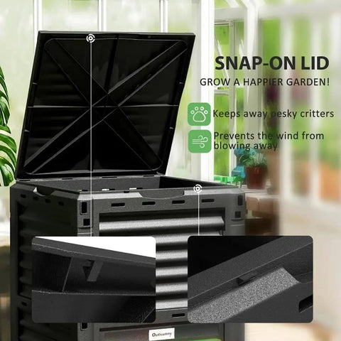 80 Gallon Outdoor Tumbling Compost Bin with Aeration Vents for Backyard Garden shown with open snap-on lid.