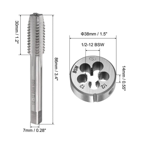 One Half Inch 12 BSW Tap And Die Set Right Hand Thread Round Die 4 Flutes HSS Taper Pro Grade Heavy Duty Silver Tone Two Piece Kit For Thread Repair And Cutting In Metalworking
