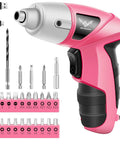 Straight Up Handy Compact Cordless Screwdriver With Forward Reverse Control For Quick Home Repairs And Furniture Setup Nifty Small Pink Power Tool With Ergo Grip Handle and bits.