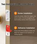 Instruction diagram for Ultra Thin Door Catch Set 10 Pack With Adhesive Backing For Cabinets Drawers Wardrobe Doors No Visible Hardware Sleek Look No Fuss Easy Install Strong Hold For Kitchen Closet RV showing screw and adhesive installation methods.
