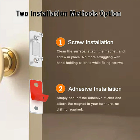 Instruction diagram for Ultra Thin Door Catch Set 10 Pack With Adhesive Backing For Cabinets Drawers Wardrobe Doors No Visible Hardware Sleek Look No Fuss Easy Install Strong Hold For Kitchen Closet RV showing screw and adhesive installation methods.