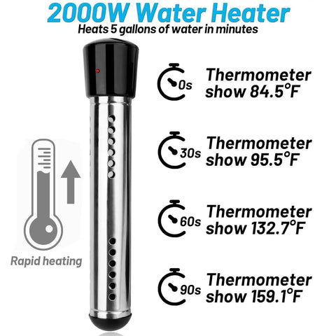 2000W Immersion Water Heater Portable Electric Submersible Bucket Heater With 304 Stainless Steel Guard And LCD Thermometer