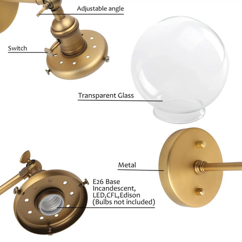 Industrial Style Wall Sconce With Clear Globe Glass Hardwired Vanity Light Off Switch Vintage Farmhouse Loft Bedroom Lighting Fixture For Homes 110 120 Volt Max 40W E26 Base with adjustable metal parts and transparent globe