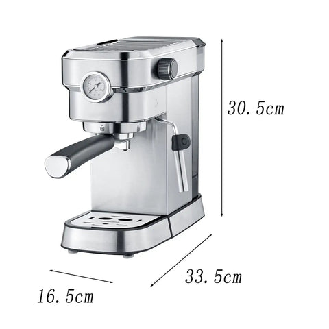 No Sweat Semi Automatic Espresso Machine 15 Bar Pump Coffee Maker Built Tough With Quick Heat Stainless Steel Body And Reliable Milk Froth For Bold Daily Brews Silver dimensions 30.5cm x 33.5cm x 16.5cm.