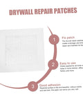 Self-adhesive drywall patch with mesh for hole repair; text highlights fixing, easy use, and good adhesion properties.