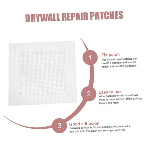 Self-adhesive drywall patch with mesh for hole repair; text highlights fixing, easy use, and good adhesion properties.