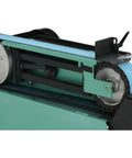 Close-up of Heavy Duty 4 HP Metal Belt Sander and Grinder's motor and belt mechanism, showcasing 3x79 inch abrasive belt.