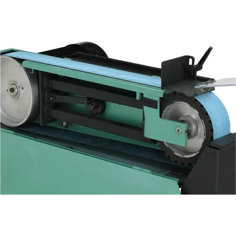 Close-up of Heavy Duty 4 HP Metal Belt Sander and Grinder's motor and belt mechanism, showcasing 3x79 inch abrasive belt.