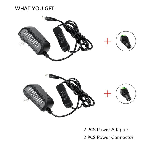 12V Power Adapter With Built In Switch For Easy On Off Control, 12W 1A, 2 Pack, Includes 3.9 Ft US Plug Cable And 5.5 Mm X 2.1 Mm Connector. Two-pack shown with switch and connector