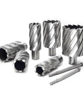Six-piece annular cutter set with 3/4 in Weldon shank, 2 in depth, 1–2 in diameter, HSS Slugger bits with 2 pilot pins (front)