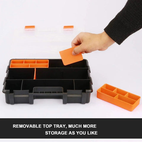 Hand adjusting compartments in a heavy duty tool box with adjustable compartments and ergonomic handle for pro workshop use