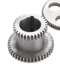 Close-up of metal gears from 18 Piece Lathe Gear Kit For Mini Lathe With Duplex Gears And Motor Belt Pulley, showing teeth detail.