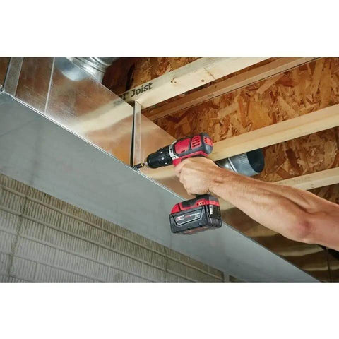 Heavy Duty Compact Hammer Drill Driver With Beefy 500 In Lbs Torque Output And Zero To One Eight Hundred Rpm Settings Featuring All Metal Gearcase Cordless Bare Tool Built Tough For Professional Jobsites in use fastening metal.