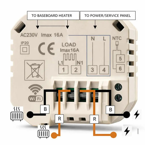 Back view of Wi Fi Smart Thermostat For Electric Baseboard Heaters 120 240V with wiring diagram for easy installation.