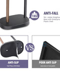 Freestanding Toilet Paper Holder With Acacia Wood Shelves And Black Steel Stand with stable weighted anti-fall base illustration.