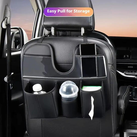 Tesla Cybertruck Rear Seat Back Organizer With Roomy Multi Pouches Heavy Duty Pu Leather Auto Storage Keeper showing multi-pocket design for drinks and essentials.