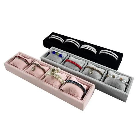 Super Comfy Velvet Watch Tray And Jewelry Organizer, Pair Of Four Grid Storage Plates With Plush Cushions For Bracelets And Watches, Clean Desk Display Holder, Definitely Worth Snagging with assorted bracelets.