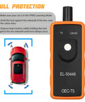 Tire Pressure Monitor System Relearn Tool El-50448 Orange Grip with instructions for GM vehicle tire sensor reset.