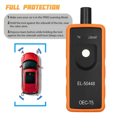 Tire Pressure Monitor System Relearn Tool El-50448 Orange Grip with instructions for GM vehicle tire sensor reset.