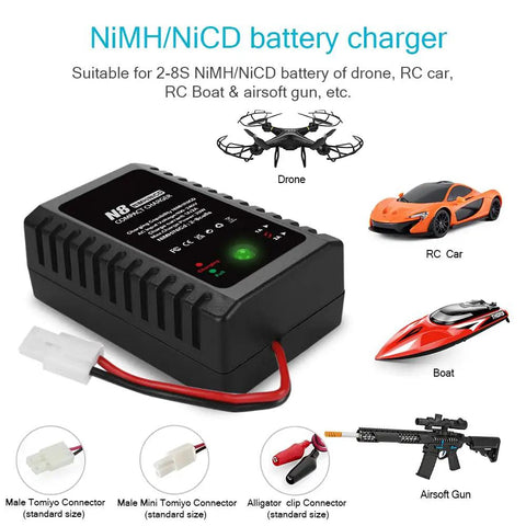 Smart 2-8S NiMH NiCd Battery Charger For RC Cars Boats Drones And Airsoft Gear with Tamiya and Alligator Clip Connectors
