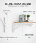 Foldable Shelf Brackets for Wall Mount, Stainless Steel, with books and plant on wooden shelf, unfolded and folded view