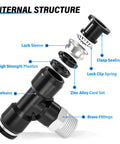Exploded diagram of Push To Connect Tee Fittings For Pneumatic Systems One Quarter Inch Tube OD To One Quarter Inch NPT Thread Male Branch Pack Of Ten Durable Plastic And Copper Quick Connect Air Line Fittings, showing internal structure with lock sleeve, clasp sealing ring, and brass fittings.