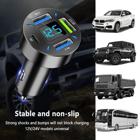 66W Fast Car Charger With PD And QC 3.0 Volt Meter And LED Lights Four Port Universal 12 To 24V Car Lighter Plug