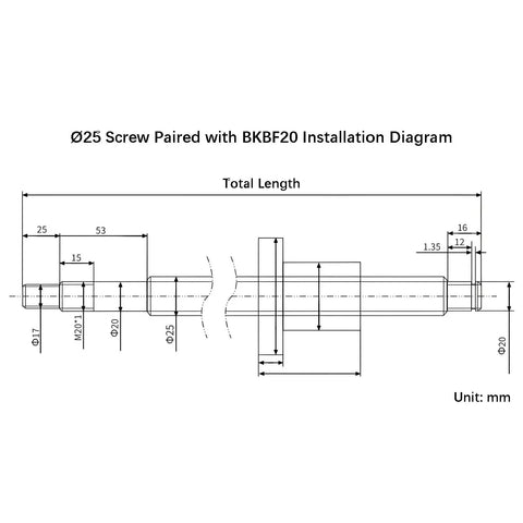 Installation diagram for Left And Right Handed Ball Screw SFU2505 1900mm Dual Direction Lead Screw with dimensions.