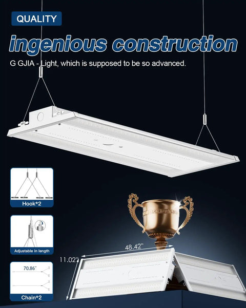 Adjustable Wattage High Bay LED Shop Light 4FT 2 Pack showing hanging installation with quality award