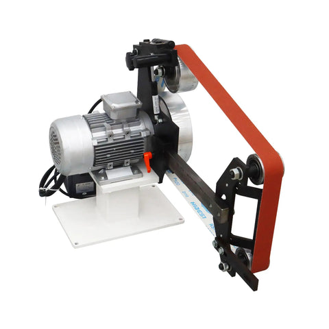 Heavy Duty 71 Inch Desktop Belt Sander Workhorse Featuring A Rock Solid 2200W Motor With Stepless Speed Control And Three Swappable Grinding Wheels For Killer Woodworking Projects - close-up of motor and belt.