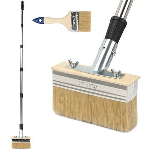 Collage of long handle deck stain brush with 59 inch telescoping pole and 3 inch detail brush for outdoor wood decks and furniture