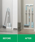 Installed 3-pack mop and broom wall holders in white with light blue accents, mounted for dustpan and broom storage.