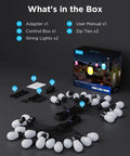 Lit Outdoor String Lights 96ft Dual Rope RGBIC LED Bulbs With 111 Scene Modes, box and components spread out.