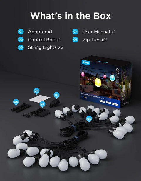 Lit Outdoor String Lights 96ft Dual Rope RGBIC LED Bulbs With 111 Scene Modes, box and components spread out.