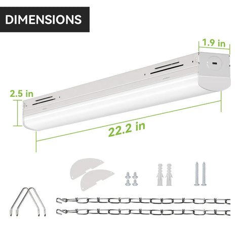 Dimensions diagram of 2 Ft Linkable LED Shop Light With Switchable 15 20 25W CCT 3500K 4000K 5000K 130 Lumens Per Watt No Fuss Warehouse Grade Strip Light Dimmable Via Zero To Ten Volt Control 2 Pack including accessories.