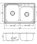 Technical diagram of Glowtone Stainless Steel Kitchen Sink Topmount 60 40 Double Bowl With 3 Holes Satin Finish.