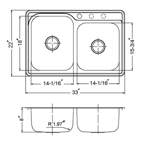 Technical diagram of Glowtone Stainless Steel Kitchen Sink Topmount 60 40 Double Bowl With 3 Holes Satin Finish.
