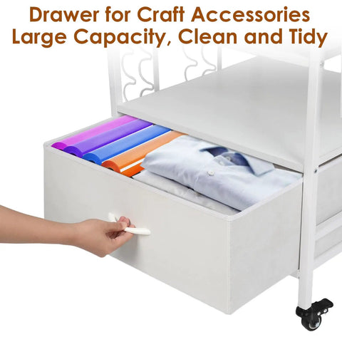 Drawer of Heavy Duty Three Tier Movable Heat Press Table With Foldable Stand For Heat Transfer Machines with craft materials.